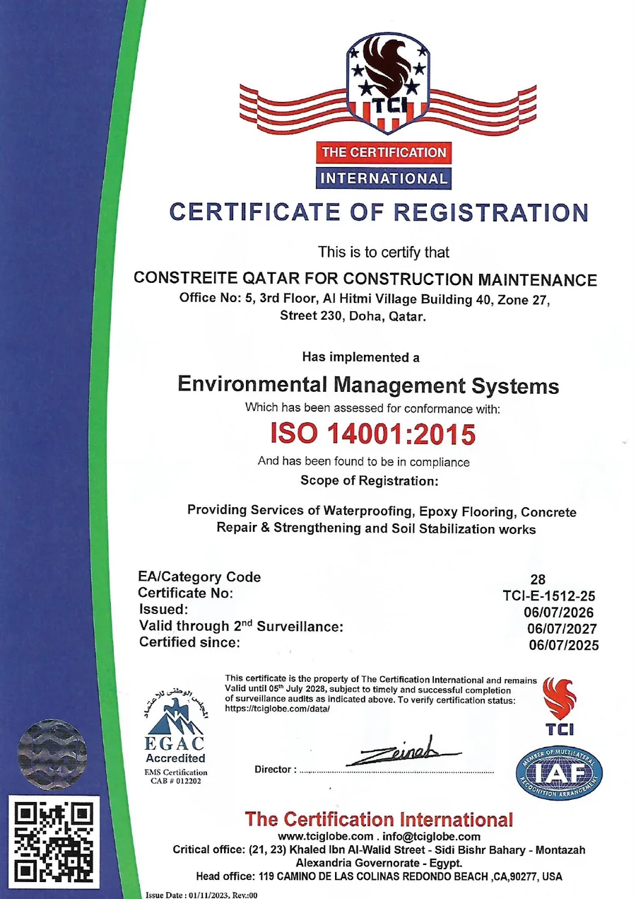 ISO 14001:2015 certificate awarded to Constreite Qatar