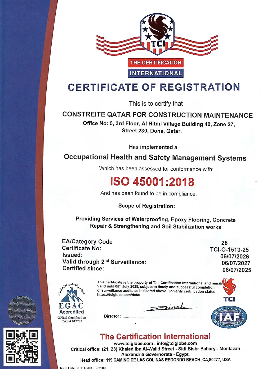 ISO 45001:2018 certificate awarded to Constreite Qatar